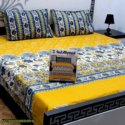 3 Pieces Cotton Salonica Printed Double Bedsheet - Hammad Ali Merch