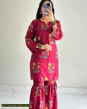 2 Pieces Women's Stitched Linen Printed Shirt and Sharara - Hammad Ali Merch