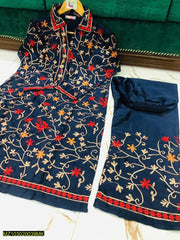 2 Pieces Women's Stitched Katan Silk Embroidered Suit - Hammad Ali Merch