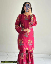 2 Pieces Women's Stitched Linen Printed Shirt and Sharara - Hammad Ali Merch